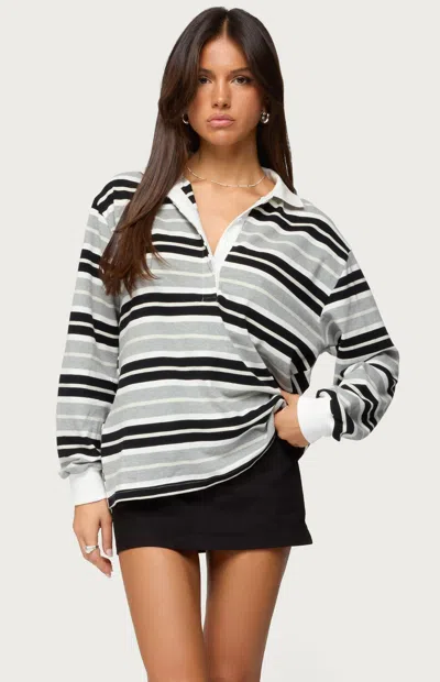 Edikted Renya Stripe Long Sleeve Oversize Polo In Gray