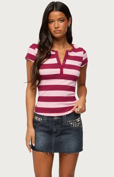 Edikted Rhianon Striped Henley T-shirt In Pink