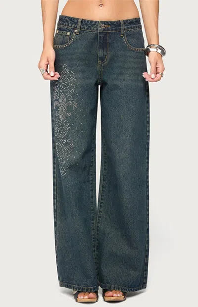 Edikted Women's Rhinestone Graphic Low Rise Baggy Jeans In Blue In Black