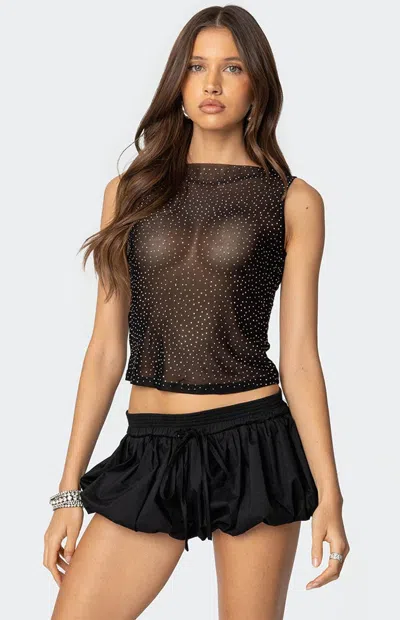 Edikted Rhinestone Embellished Sheer Mesh Tank In Black