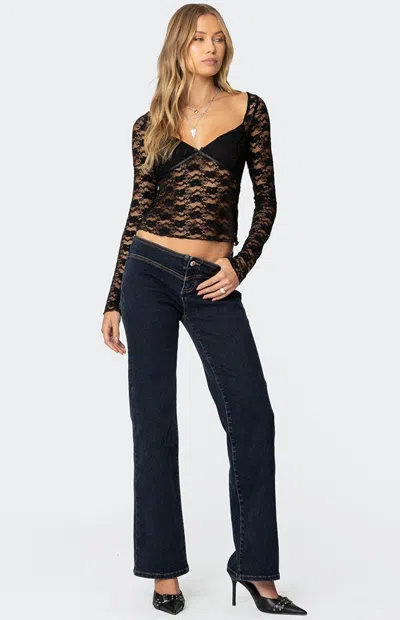 Edikted Women's Ribbon Lace Up Low Rise Jeans In Dark Blue In Black