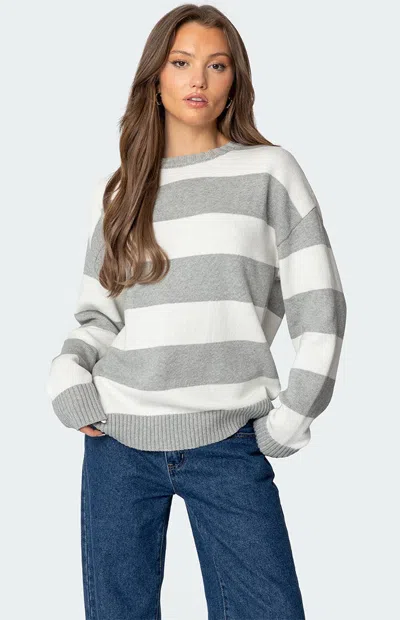 Edikted Richie Oversize Stripe Cotton Crewneck Sweater In Gray-melange