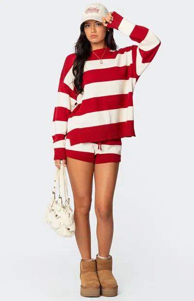 Edikted Riley Stripe Knit Shorts In Burgundy-and-cream