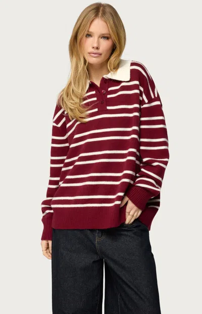 Edikted Women's Rilynn Striped Polo Sweater In Burgundy/white In Multi