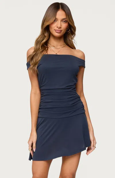 Edikted Robynne Asymmetric Off The Shoulder Cocktail Minidress In Blue