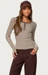 Edikted Roma Stripe Rib Henley Top In Brown