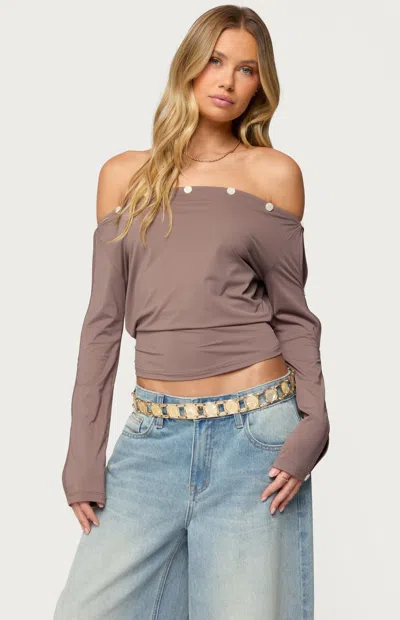 Edikted Ronee Off The Shoulder Cutout Crop Top In Brown