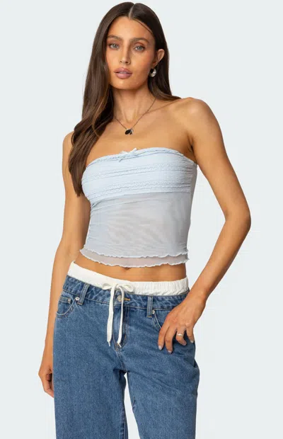 Edikted Rori Ruffle Knit Sheer Mesh Top In Light-blue