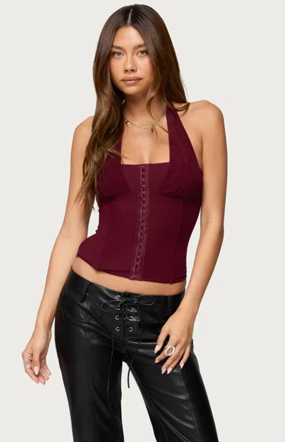 Edikted Rosalina Mesh Halter Corset Top In Burgundy