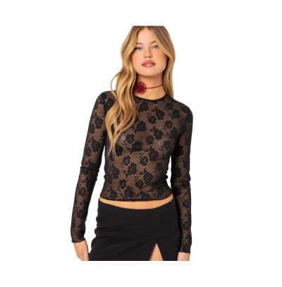 Edikted Rose Embroidery Long Sleeve Fishnet Top In Black