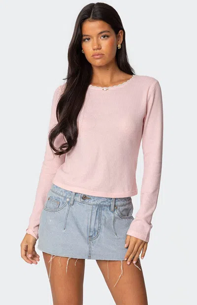 Edikted Rosemarie Waffle Knit Long Sleeve Top In Pink
