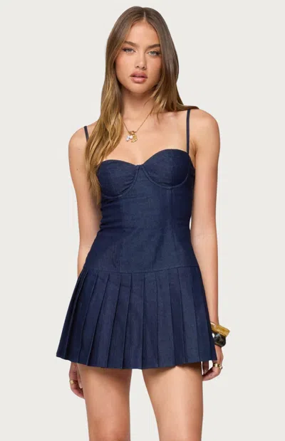 Edikted Rudy Pleated Denim Mini Dress In Blue