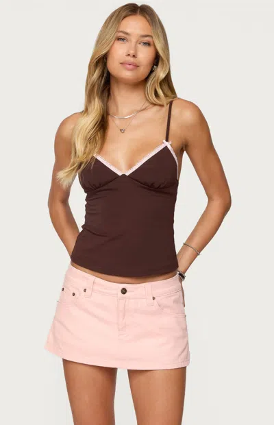 Edikted Ruelle Contrast Picot Trim Stretch Cotton Camisole In Brown