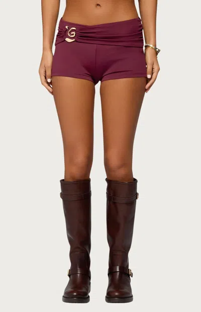 Edikted Rusana Swirl Ruched Micro Shorts In Burgundy