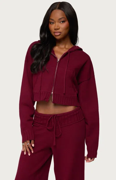 Edikted Russell Crop Hooded Zip Sweater In Burgundy