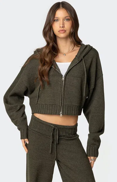 Edikted Russell Crop Hooded Zip Sweater In Olive