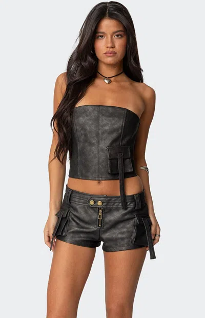 Edikted Ryan Strapless Faux Leather Cargo Corset Top In Black