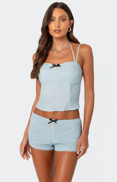 Edikted Saffron Smock Detail Cotton Blend Corset Top In Blue