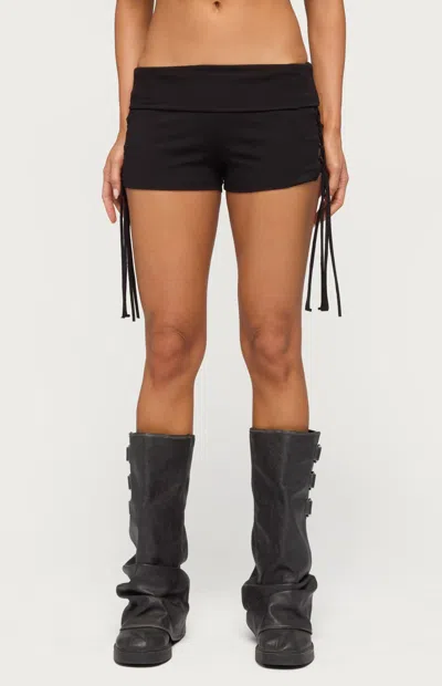 Edikted Saffyre Foldover Low Rise Lace-up Shorts In Black