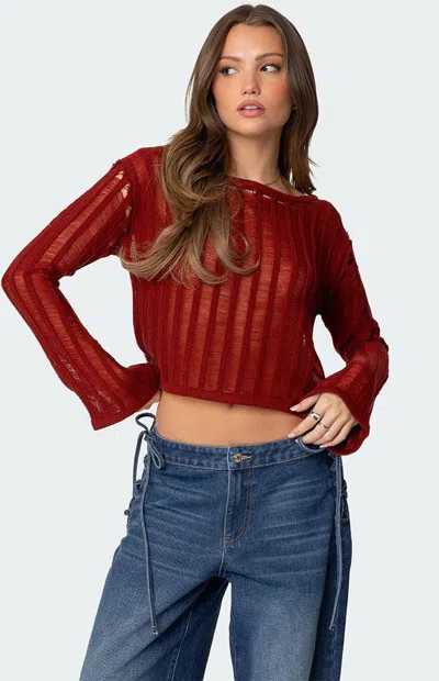 Edikted Sagir Sheer Ladder Stitch Crop Top In Burgundy