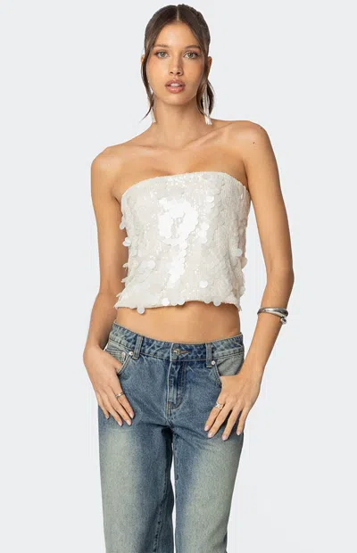 EDIKTED WOMEN'S SAMARA SEQUIN STRAPLESS TOP IN CREAM