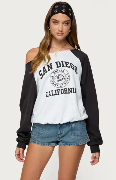 Edikted San Diego Off The Shoulder Raglan Long Sleeve Graphic Top In Multi