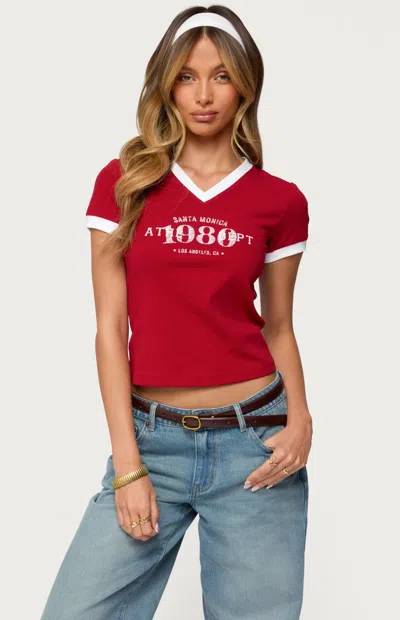 Edikted Santa Monica V-neck Ringer T-shirt In Red