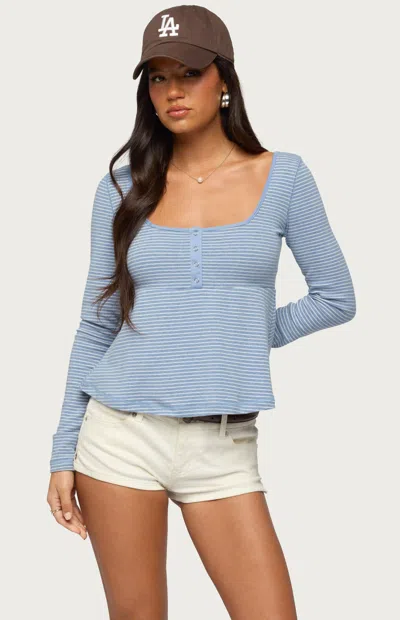 Edikted Women's Sare Striped Babydoll Henley Top In Light Blue