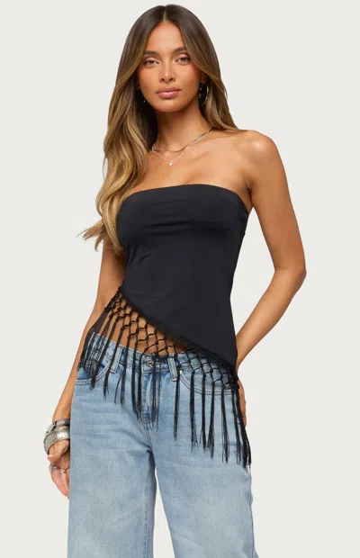 Edikted Sarika Asymmetric Fringe Strapless Top In Black