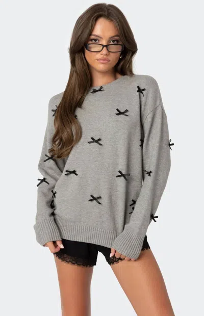 Edikted Satin Bow Oversized Sweater In Gray-melange