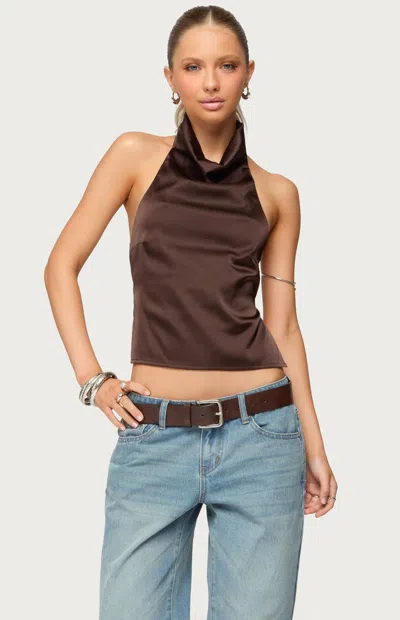Edikted Satin Effect Backless Cowl Neck Top In Burgundy