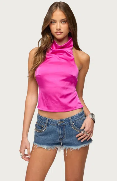 Edikted Women's Satin Effect Backless Cowl Neck Top In Pink