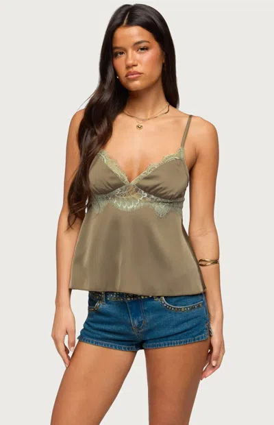 Edikted Women's Satin Effect Lacey Babydoll Top In Olive In Green