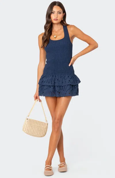 Edikted Scrunchy Ruffled Eyelet Mini Dress In Navy