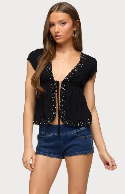 Edikted Sepede Lacey Faux Pearl Tie Front Top In Black