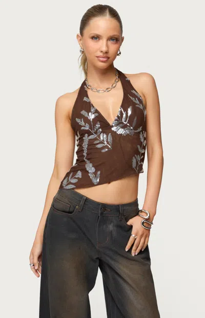 Edikted Sequin Floral Asymmetric Mesh Halter Top In Brown