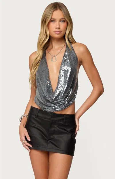 Edikted Sequin Cowl Neck Open Back Halter Top In Gray