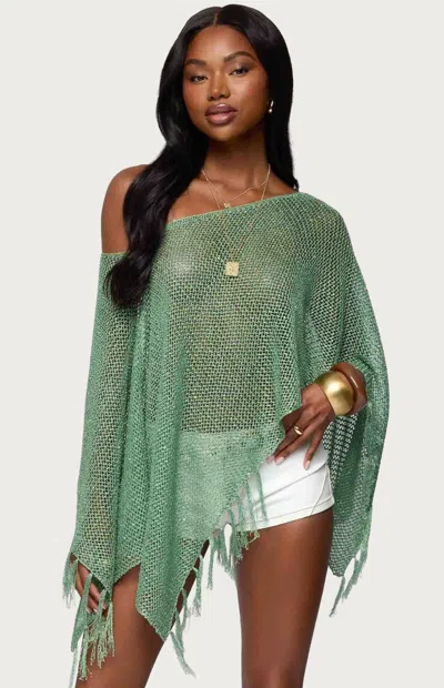 Edikted Sequin Fringe Knit Poncho In Green