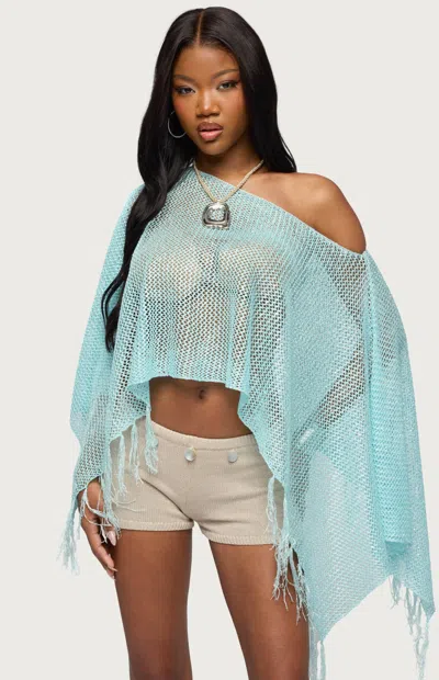 Edikted Sequin Fringe Knit Poncho Top In Light/blue, Women's At Urban Outfitters