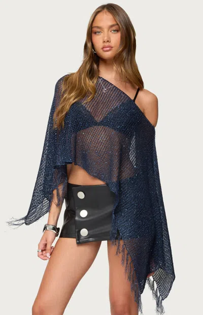 Edikted Sequin Fringe Knit Poncho In Blue