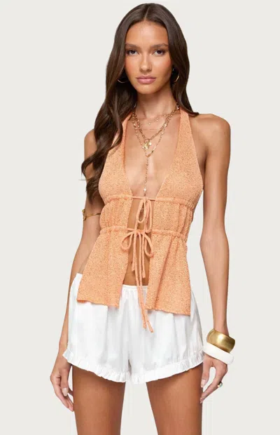 EDIKTED WOMEN'S SEQUIN KNIT SPLIT FRONT BACKLESS TOP IN ORANGE