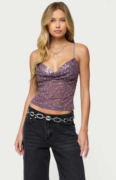 Edikted Sequin Layered Cowl Neck Lace Camisole In Brown