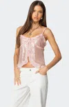 Edikted Sequin Ruffle Split Front Camisole In Pink