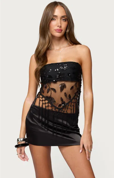 Edikted Women's Sequin Sheer Fringed Strapless Top In Black