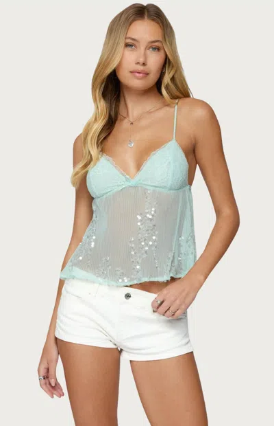 Edikted Sheer Sequin Mesh Babydoll Camisole In Blue