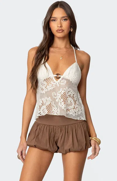 Edikted Sheer Crochet Babydoll Halter Top In Cream