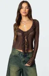 Edikted Sheer Mesh Ruffle Top In Brown