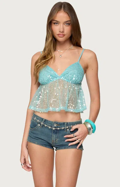 Edikted Sheer Sequin Babydoll Tank Top In Brown