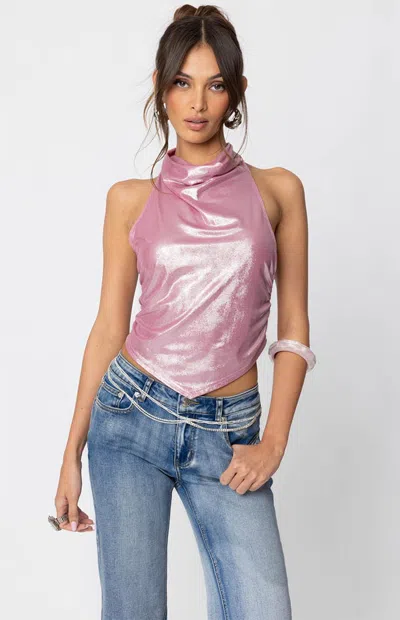 Edikted Metallic Cowl Neck Halter Top In Pink