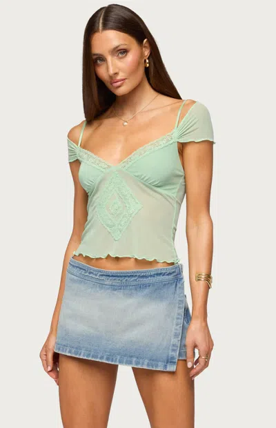 Edikted Women's Shoulder Tie Lacey Sheer Mesh Top In Mint In Green